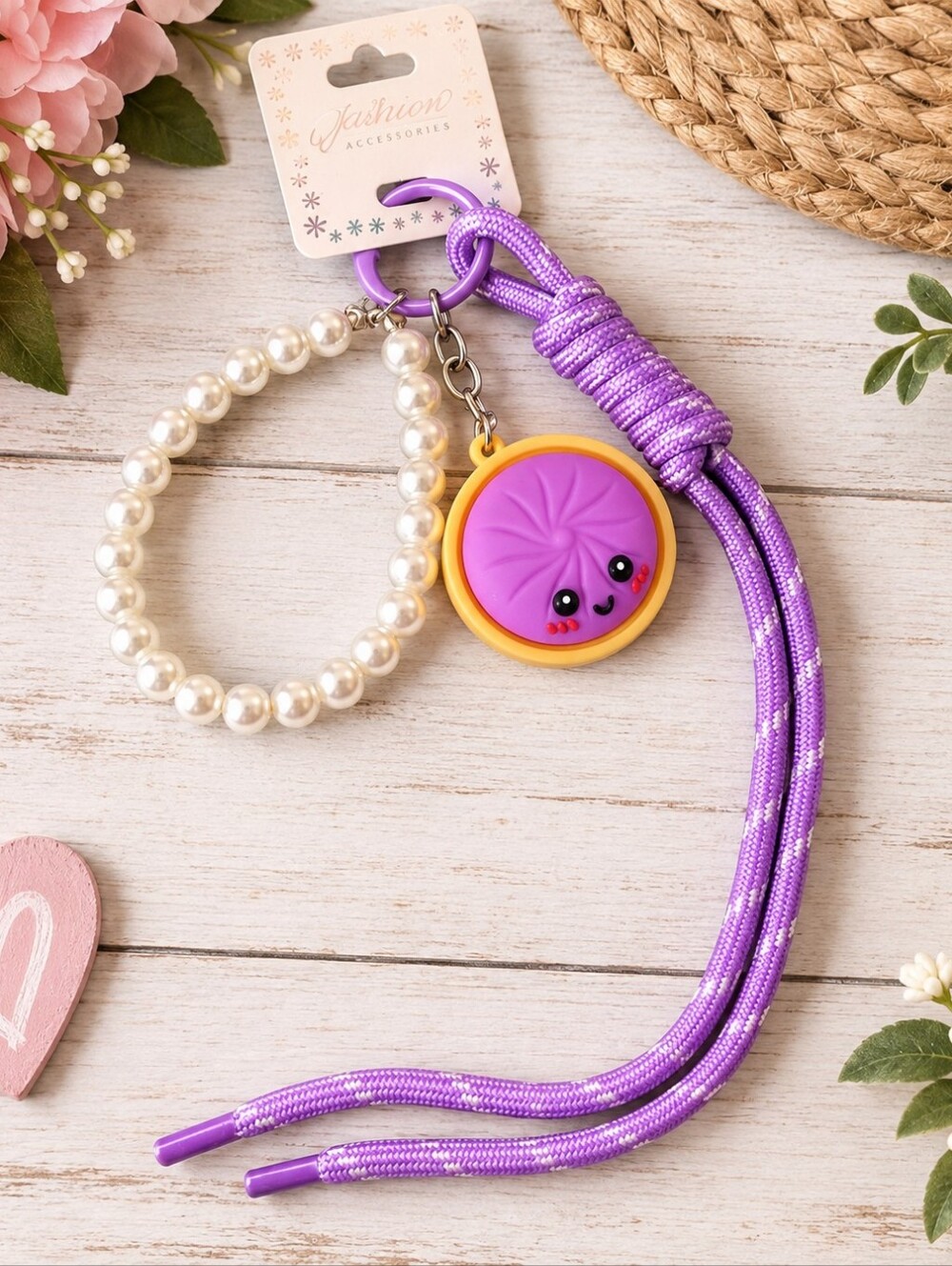 Purple Dumpling Pearl Wristlet Keychain Set